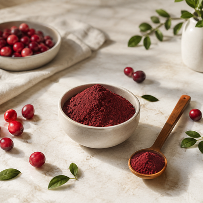 Cranberry extract powder in a ceramic bowl with fresh cranberries and a wooden spoon on a light stone surface.