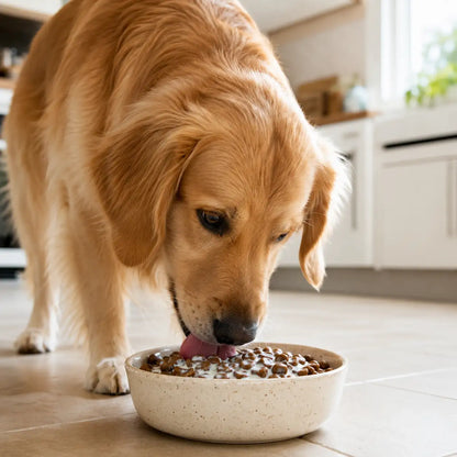 Ecogenya Mother's Milk Topper sprinkled over a dog's kibble — packaged in Canada