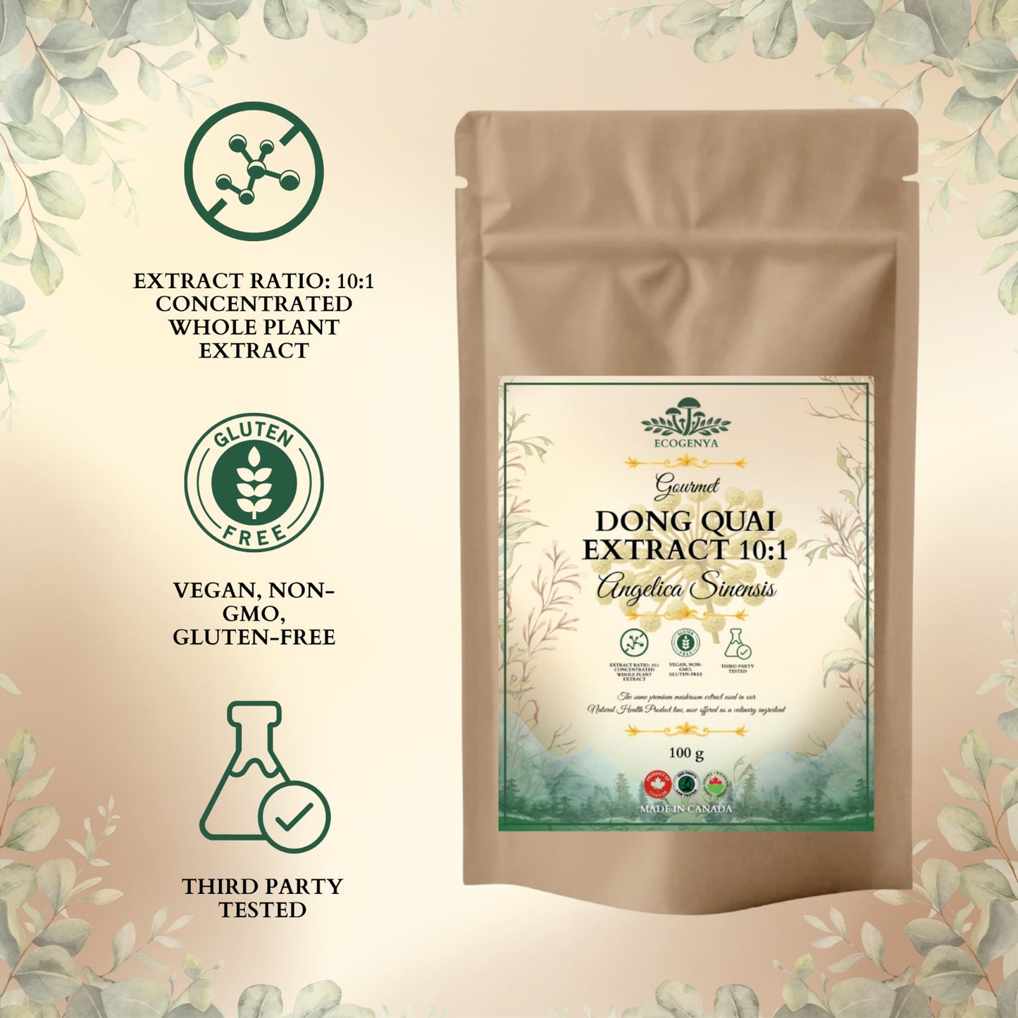 Ecogenya Dong Quai Extract 10:1 pouch with vegan, non-GMO, gluten-free and third-party tested features