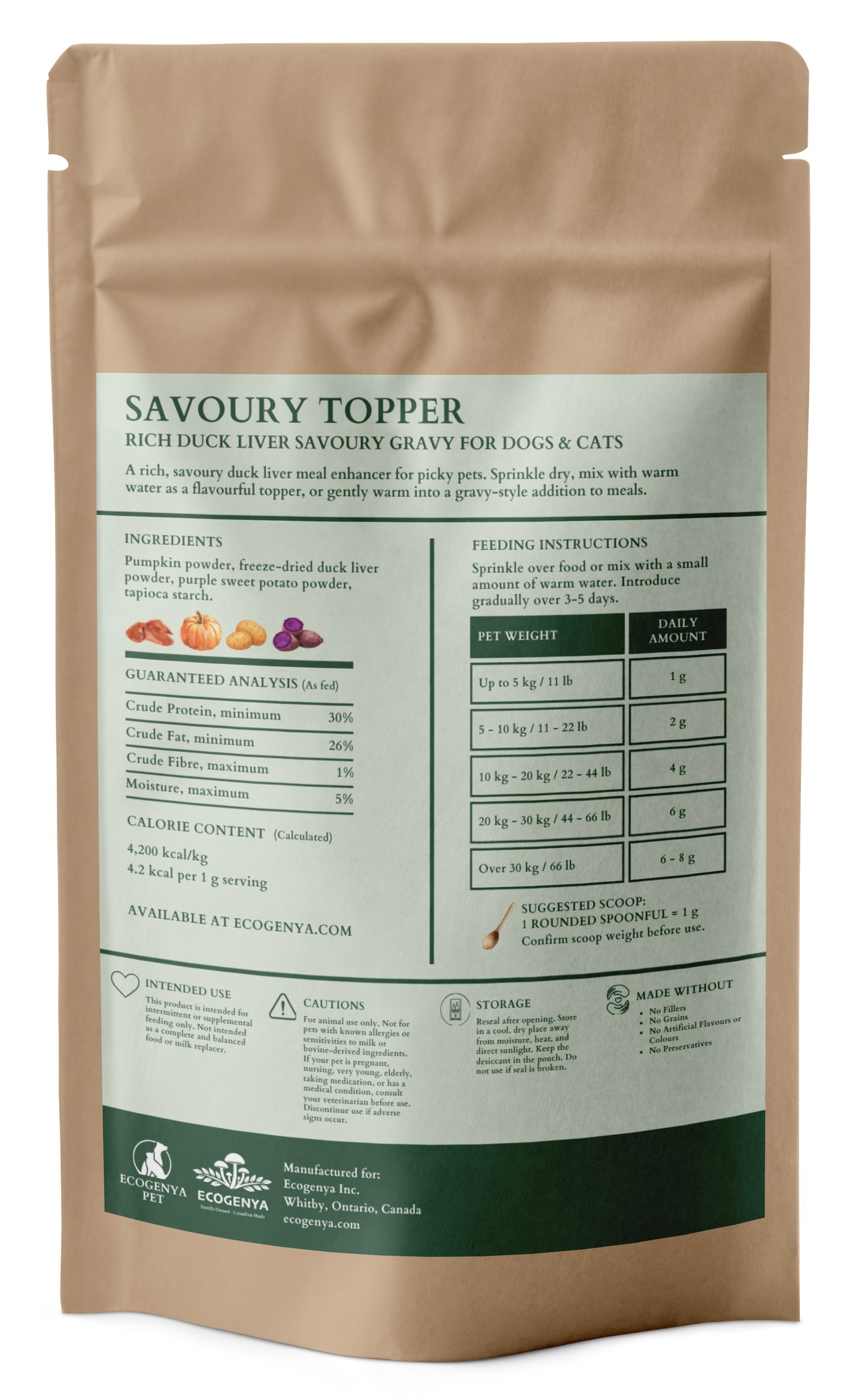 Ecogenya Savoury Topper Rich Duck Liver, 100g — back label, packaged in Canada