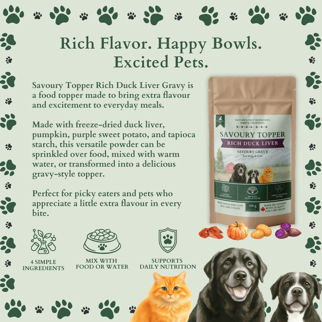 Ecogenya Rich Duck Liver Gravy pouch on a sage-green graphic, 'Rich flavor. Happy bowls. Excited pets.,' showing duck liver, pumpkin and sweet potato ingredients with icons for simple ingredients, mixing with food or water, and daily nutrition, beside a cat and two dogs.