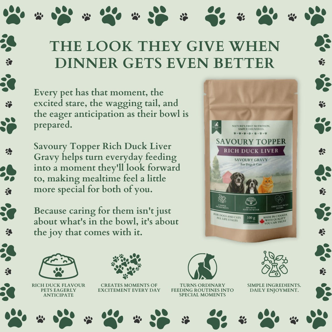 Ecogenya Rich Duck Liver Gravy pouch on a sage-green graphic, 'The look they give when dinner gets even better,' with icons for duck flavour, daily excitement, special mealtime moments, and simple ingredients.