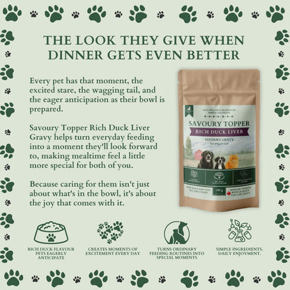 Ecogenya Rich Duck Liver Gravy pouch on a sage-green graphic, 'The look they give when dinner gets even better,' with icons for duck flavour, daily excitement, special mealtime moments, and simple ingredients.