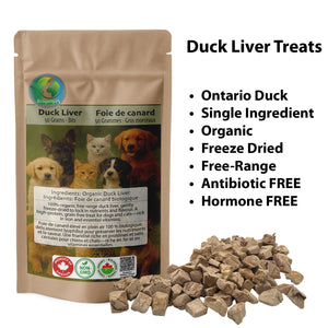 Ecogenya Freeze-Dried Duck Liver Treats, big bits with a pile shown — packaged in Canada