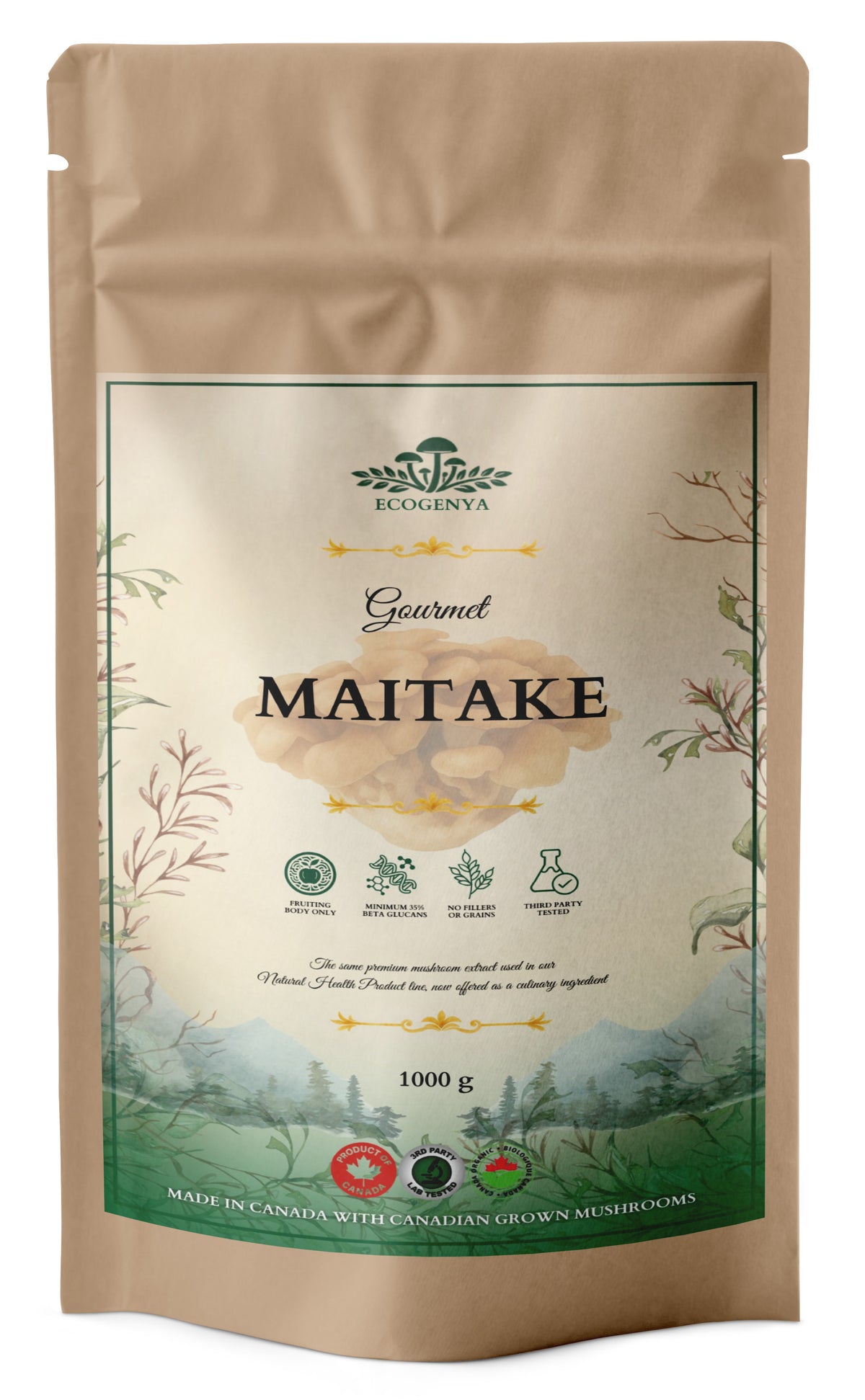 Ecogenya Gourmet Maitake Mushroom Powder in a kraft bag, 1000g — packaged in Canada