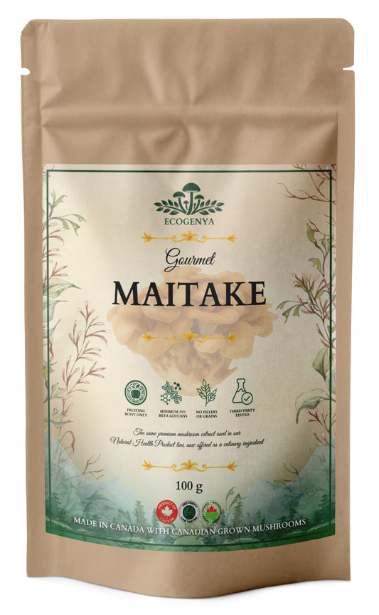 Ecogenya Gourmet Maitake Mushroom Powder in a kraft bag, 100g — packaged in Canada