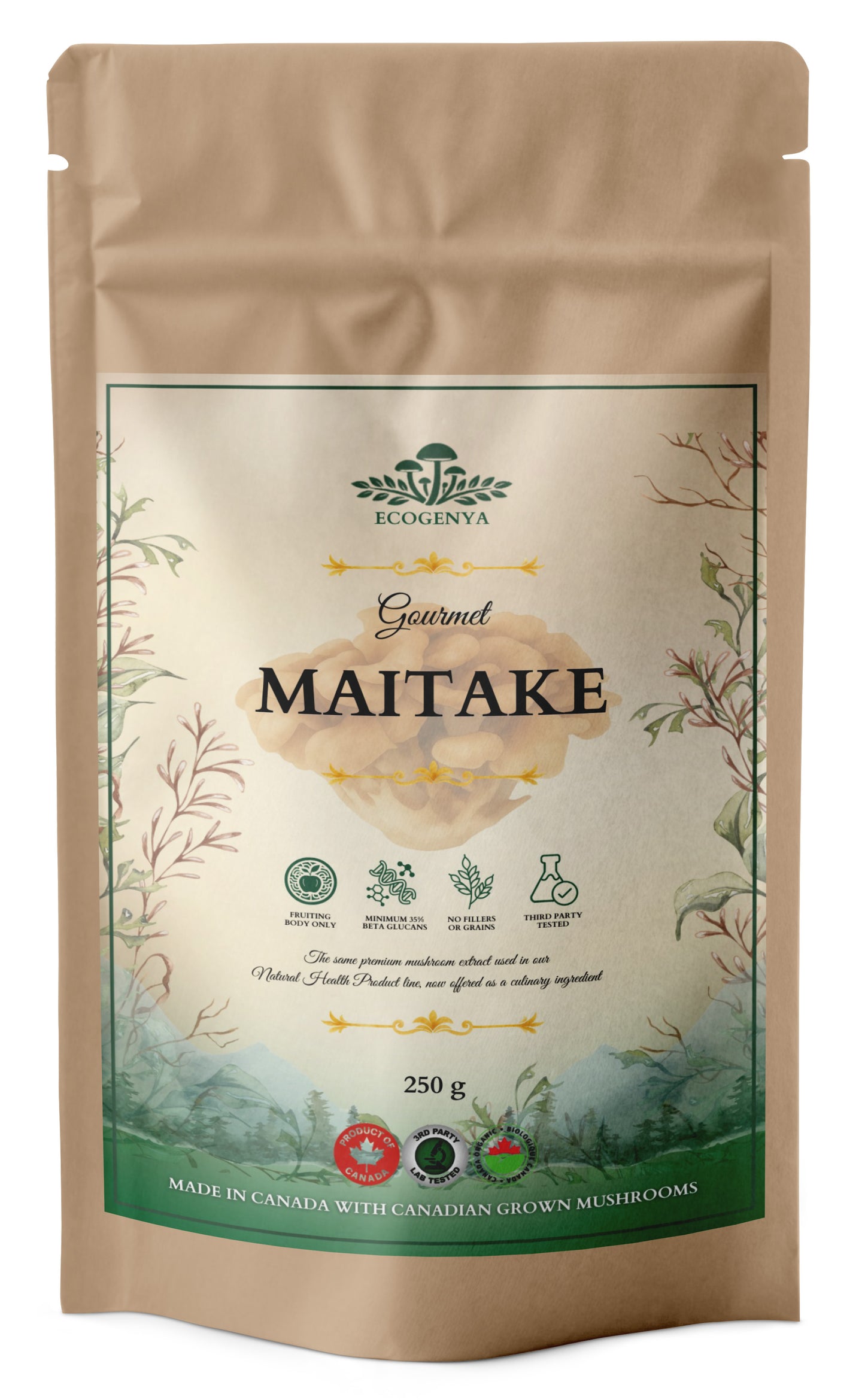 Ecogenya Gourmet Maitake Mushroom Powder in a kraft bag, 250g — packaged in Canada