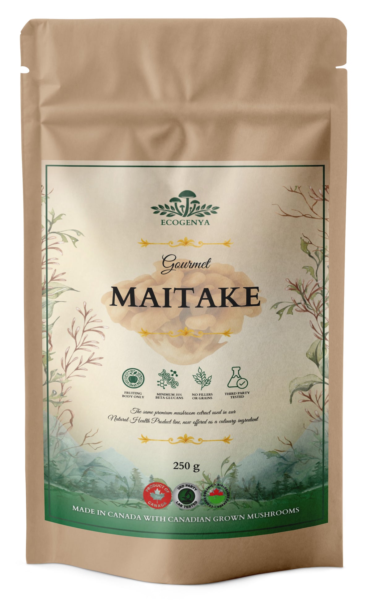 Ecogenya Gourmet Maitake Mushroom Powder in a kraft bag, 250g — packaged in Canada