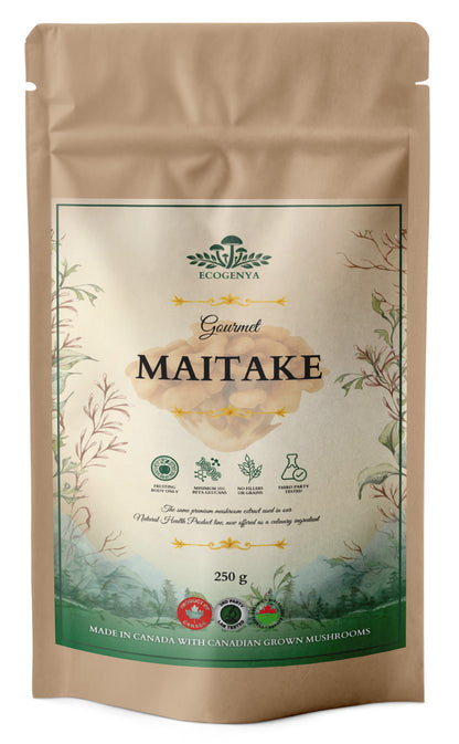 Ecogenya Gourmet Maitake Mushroom Powder in a kraft bag, 250g — packaged in Canada