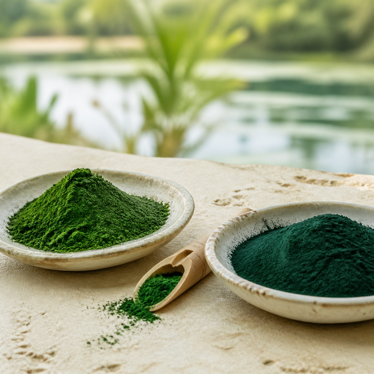 Chlorella and spirulina powders in ceramic dishes on warm stone