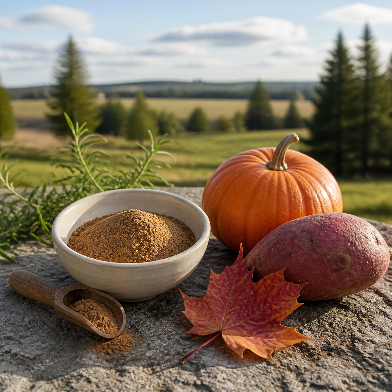 Beef bone broth powder, pumpkin and purple sweet potato against a Canadian farm landscape