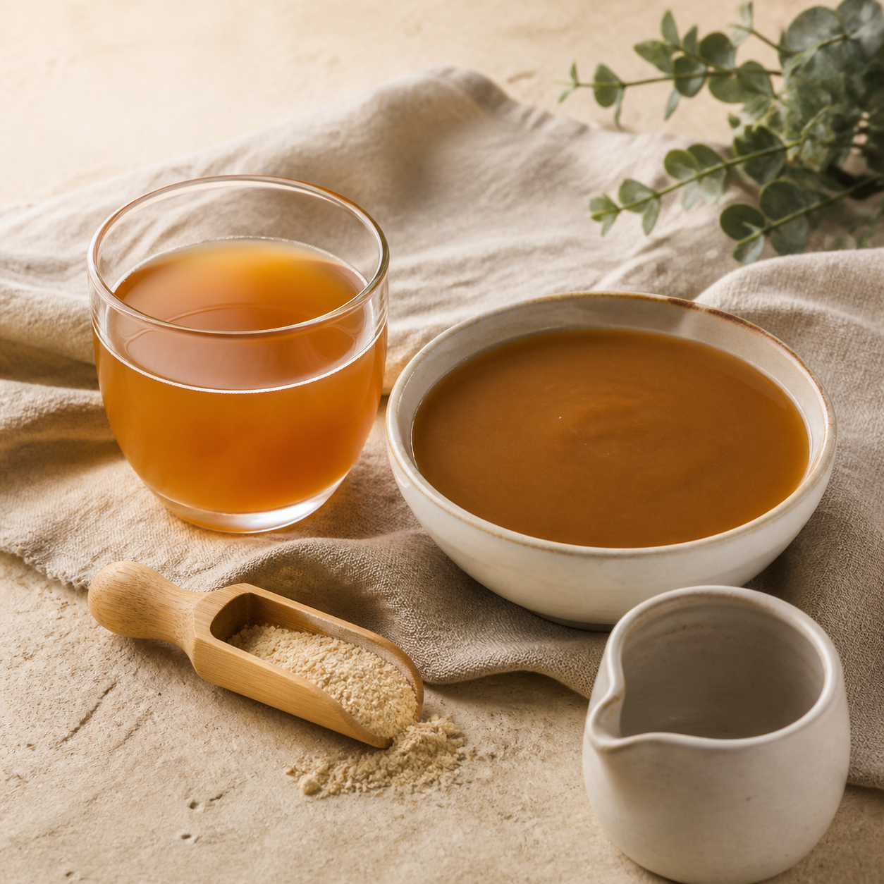 Prepared beef bone broth au jus and gravy with dry topper powder