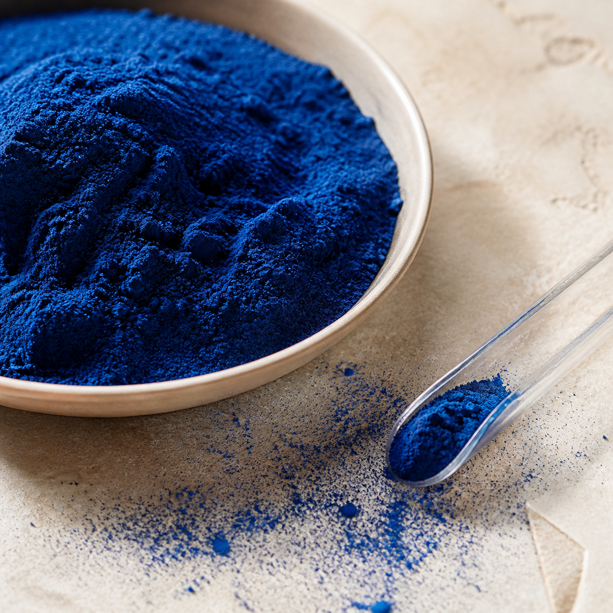 Cobalt blue spirulina powder in a cream ceramic dish