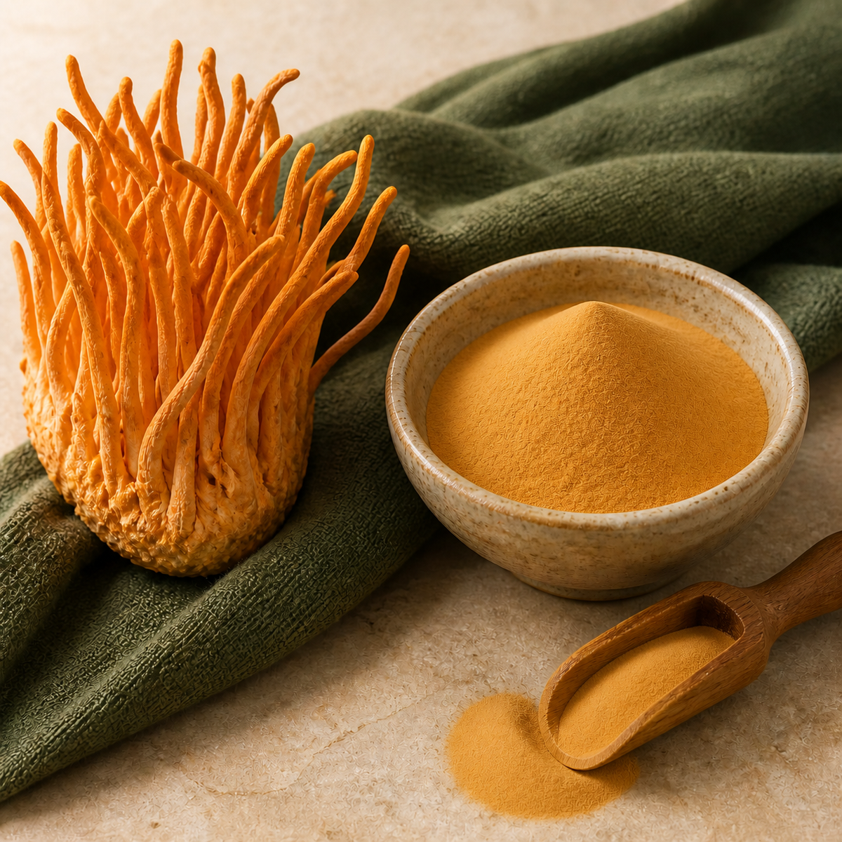 Cordyceps militaris fruiting bodies with fine golden extract powder