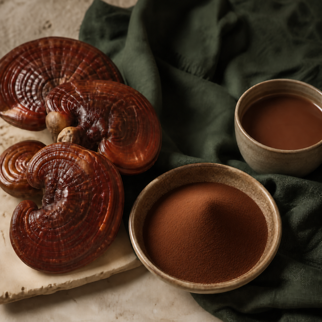 Reishi fruiting bodies with fine extract powder and a warm drink