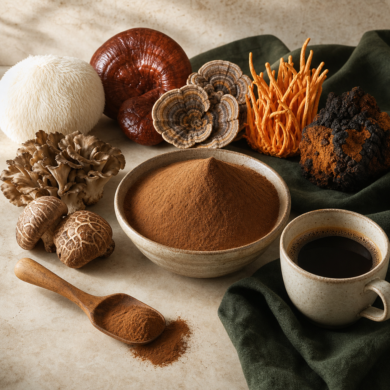 Seven mushroom ingredients with fine Super 7 extract blend powder