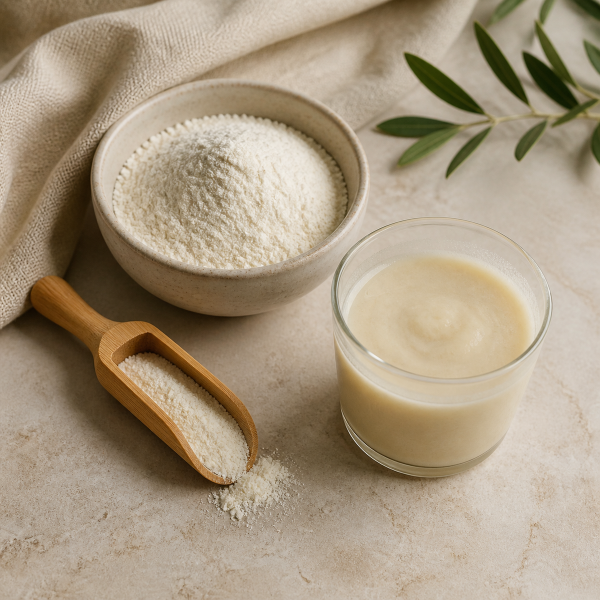 Creamy pet topper powder with a prepared serving and bamboo scoop