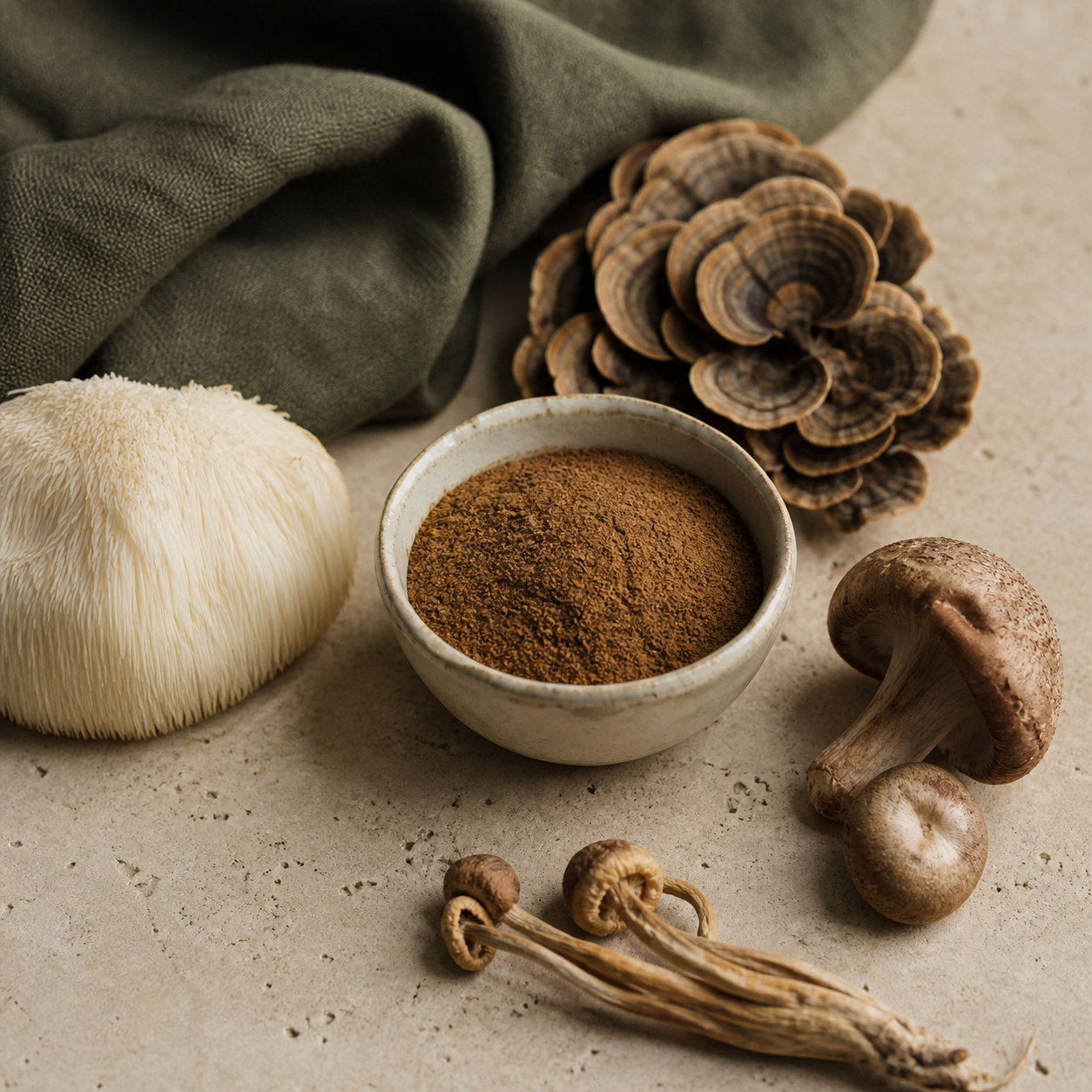 Functional mushrooms with concentrated mushroom extract powder
