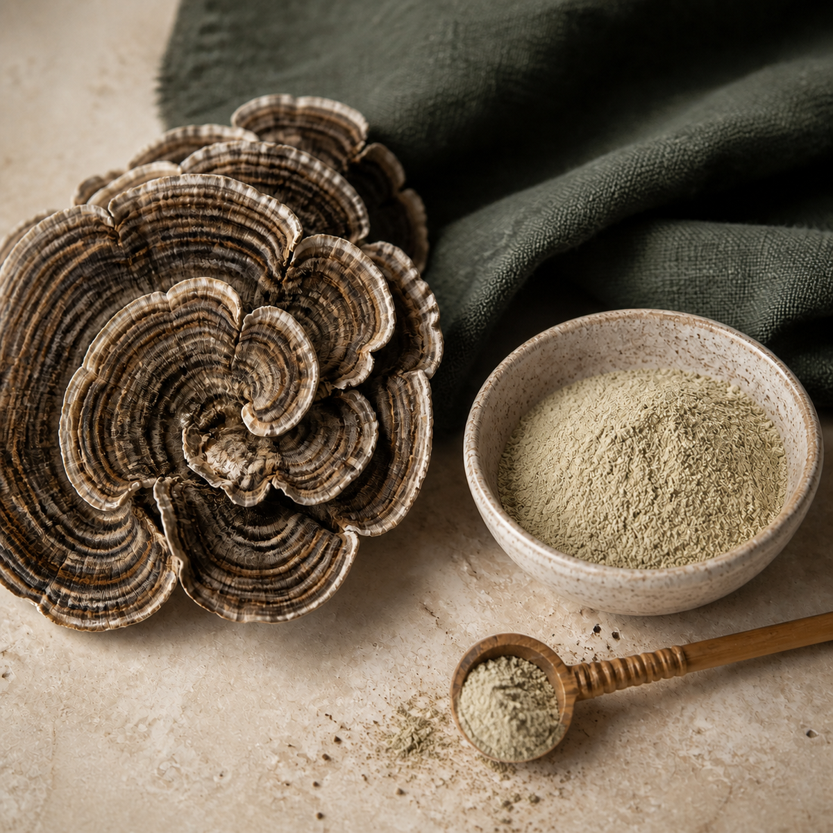 Turkey Tail mushroom with light beige extract powder with a subtle green cast