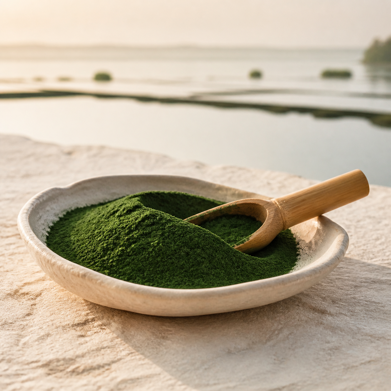 Single green algae powder with a bamboo scoop on warm stone