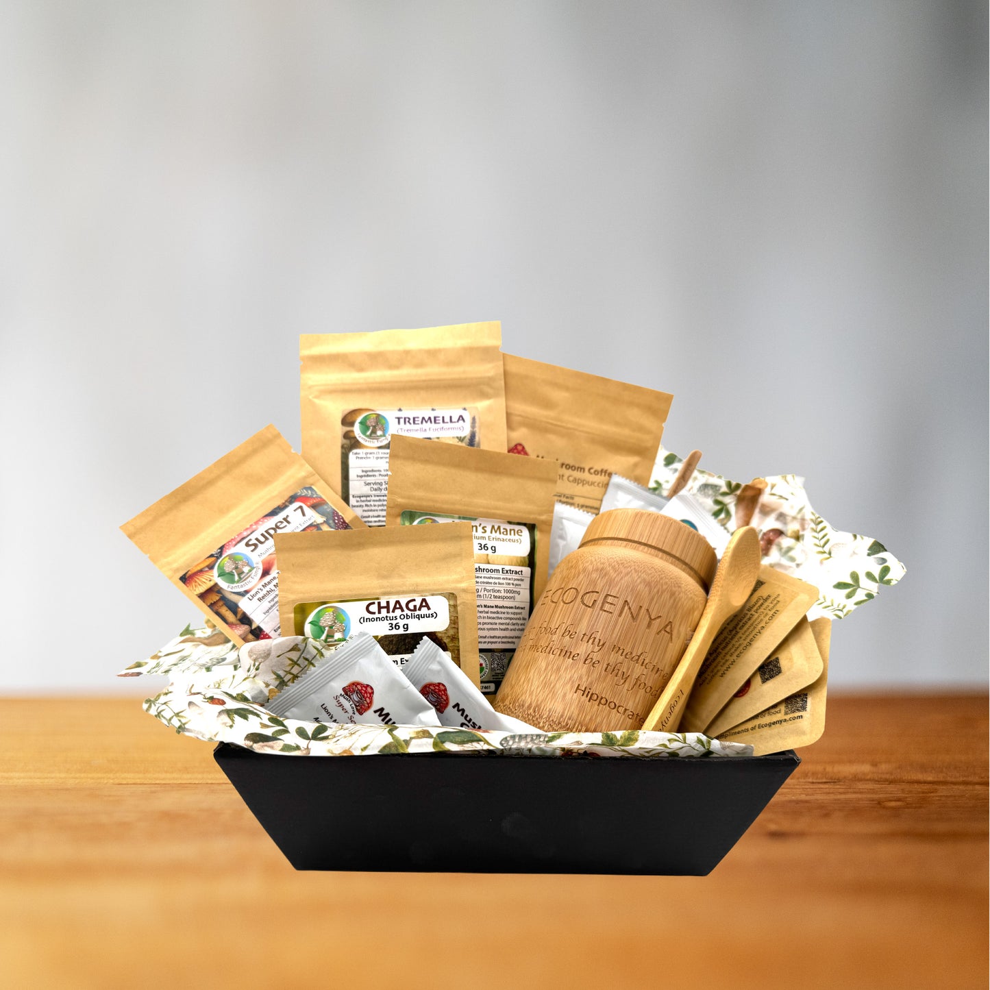 Ecogenya Signature Wellness Gift Basket — Handcrafted Bamboo Canister with 6 Curated Mushroom & Wellness Selections