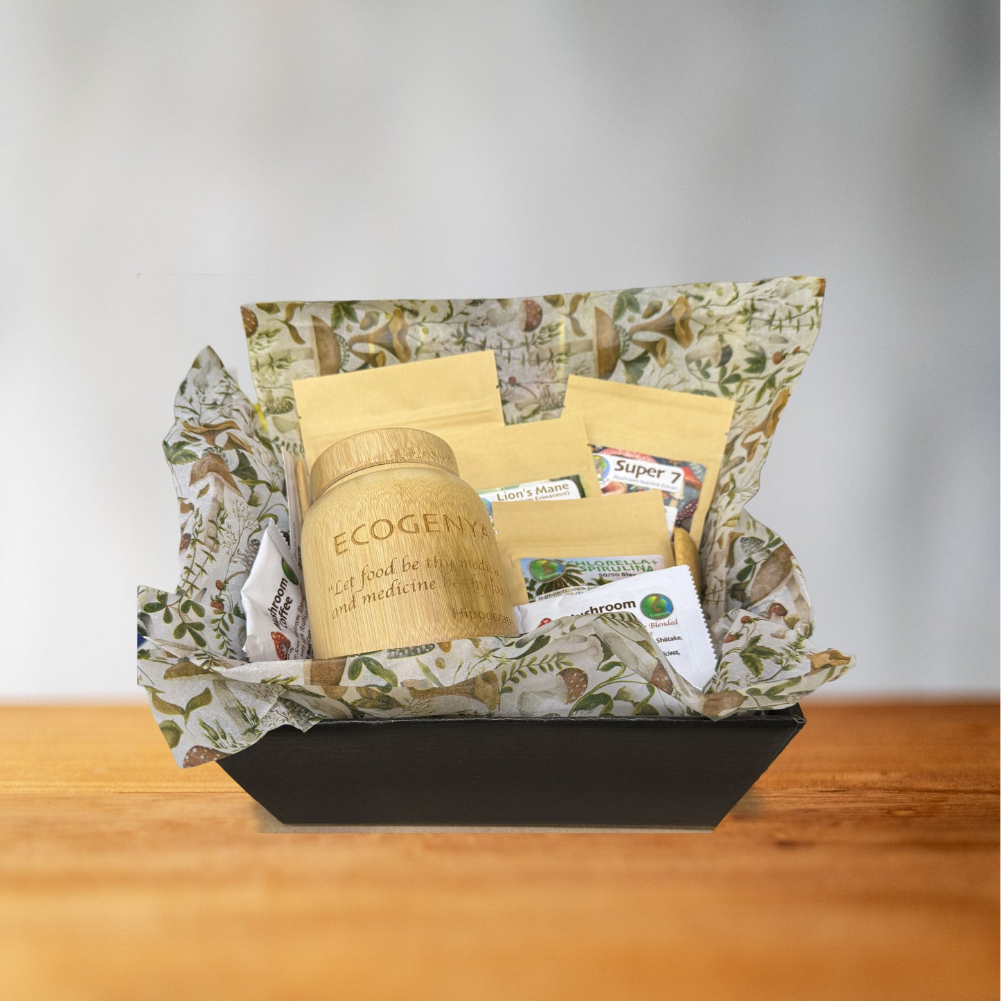 Ecogenya Classic Wellness Gift Basket — Handcrafted Bamboo Canister with Curated Mushroom & Wellness Selection