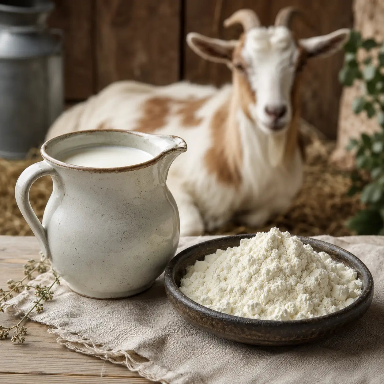 Ecogenya Mother's Milk Topper, goat milk and colostrum in a farmhouse setting — packaged in Canada
