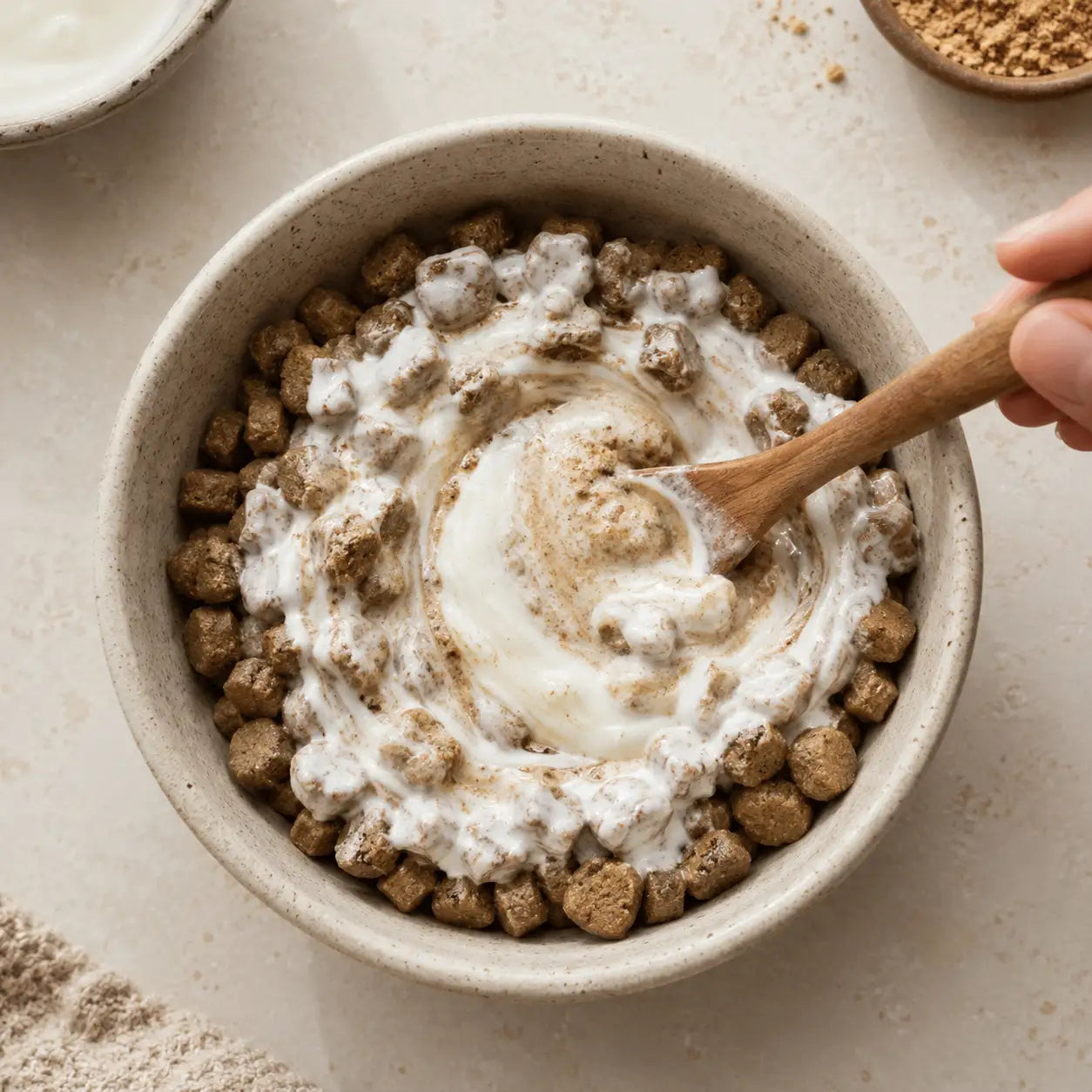Ecogenya Mother's Milk Topper stirred with mushroom powder over kibble — packaged in Canada