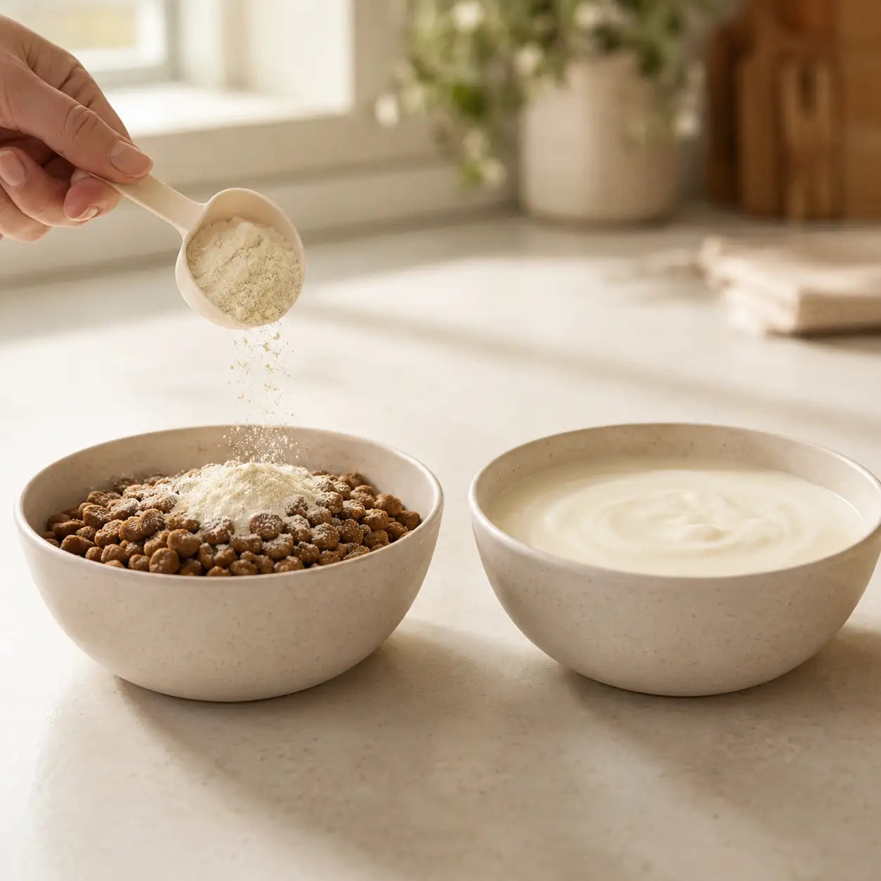 Ecogenya Mother's Milk Topper served two ways, over kibble and in a bowl — packaged in Canada
