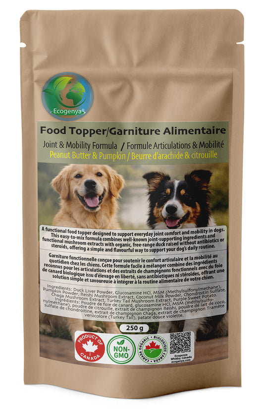 Ecogenya Joint & Mobility Topper for Dogs, peanut butter flavour, 250g pouch — packaged in Canada