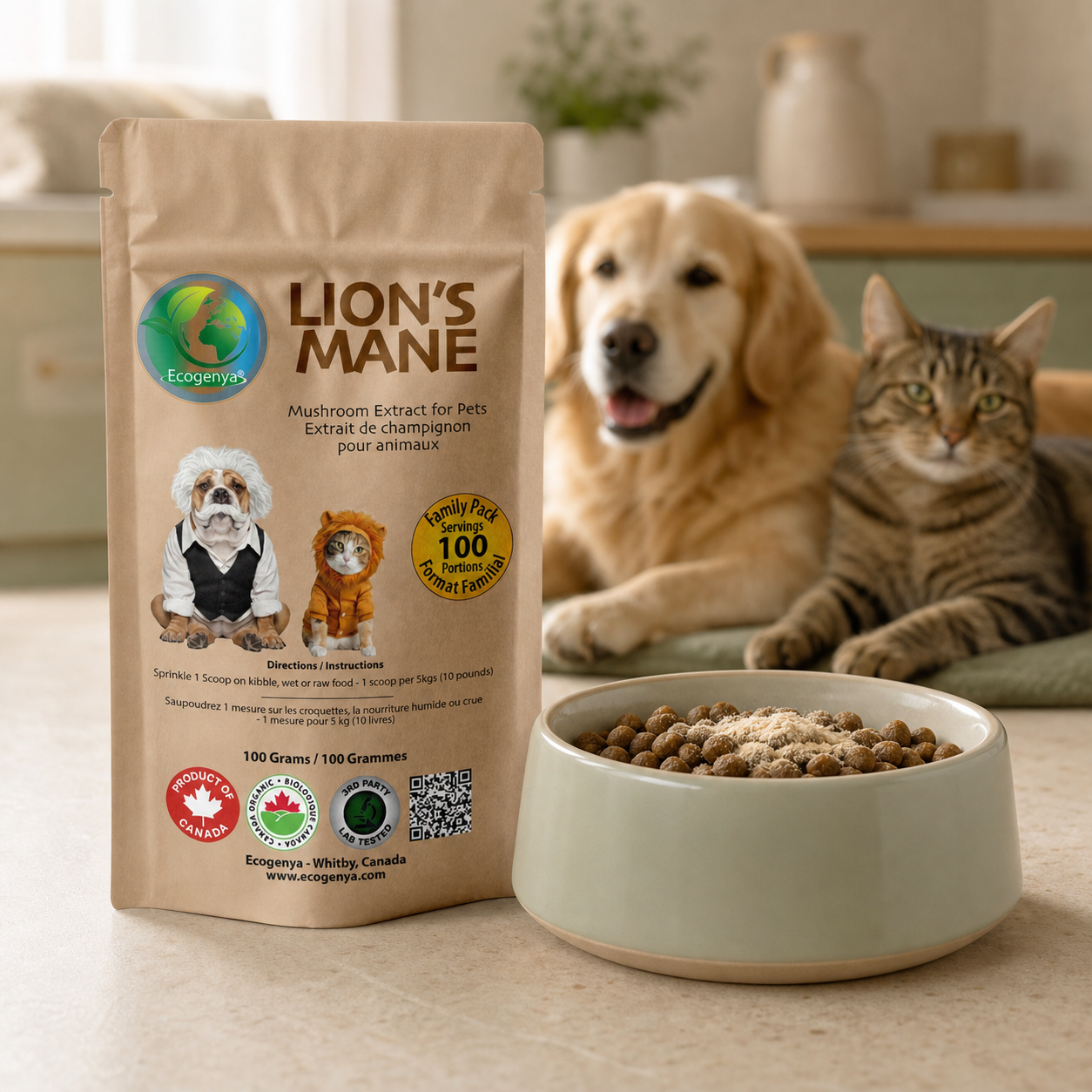 Ecogenya Lion’s Mane mushroom extract beside a food bowl with a dog and cat