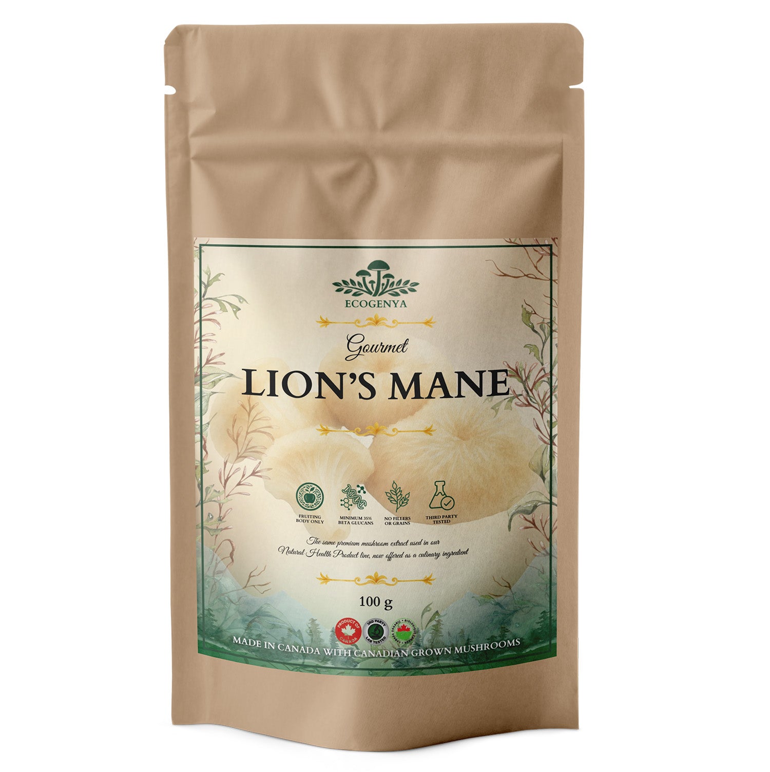 Ecogenya Gourmet Lion's Mane Mushroom Powder in a kraft bag, 100g — packaged in Canada