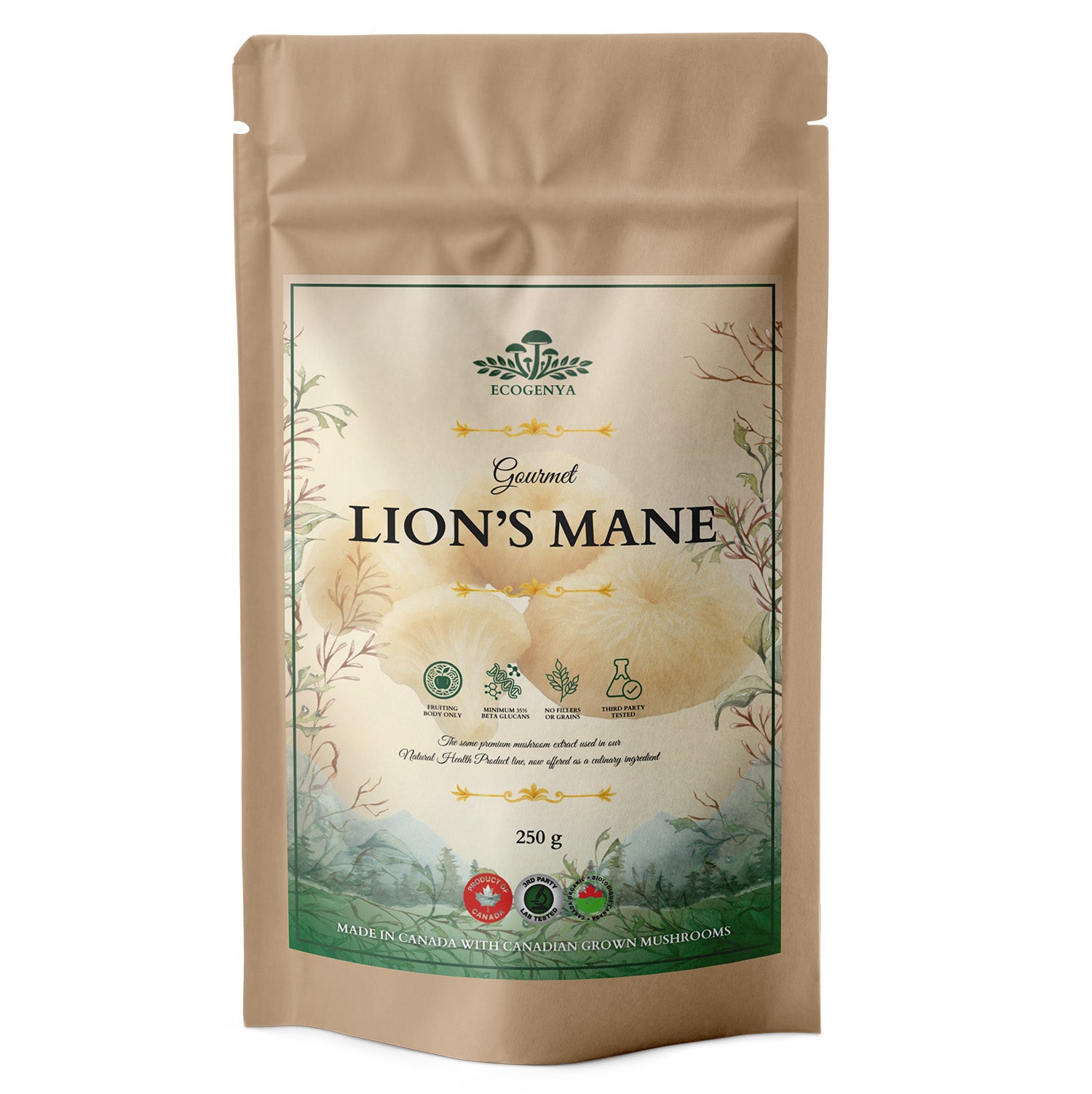 Ecogenya Gourmet Lion's Mane Mushroom Powder in a kraft bag, 250g — packaged in Canada