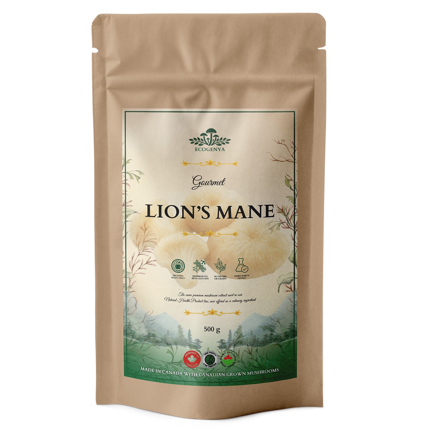 Ecogenya Gourmet Lion's Mane Mushroom Powder in a kraft bag, 500g — packaged in Canada