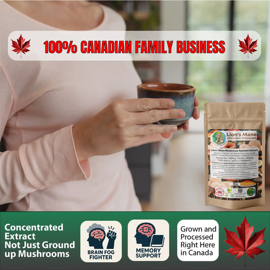 Ecogenya Organic Lion's Mane Extract Powder — front view, packaged in Canada