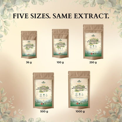 Ecogenya Marshmallow Root Extract 10:1 available in 36 g, 100 g, 250 g, 500 g and 1000 g pouches