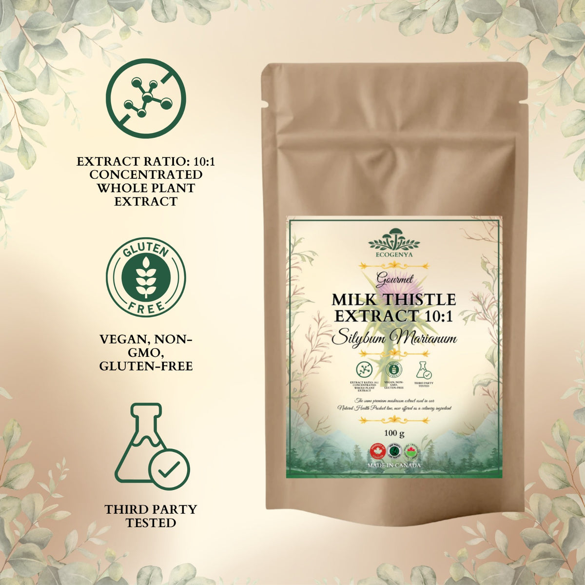 Ecogenya Milk Thistle Extract 10:1 pouch with vegan, non-GMO, gluten-free and third-party tested features