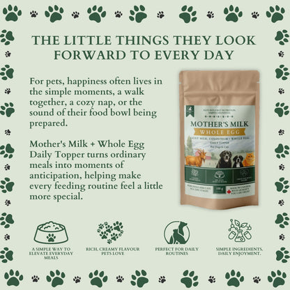 Ecogenya Mother's Milk Whole Egg daily topper pouch on a sage-green graphic, 'The little things they look forward to every day,' with icons for elevating everyday meals, rich creamy flavour, daily routines, and simple ingredients.