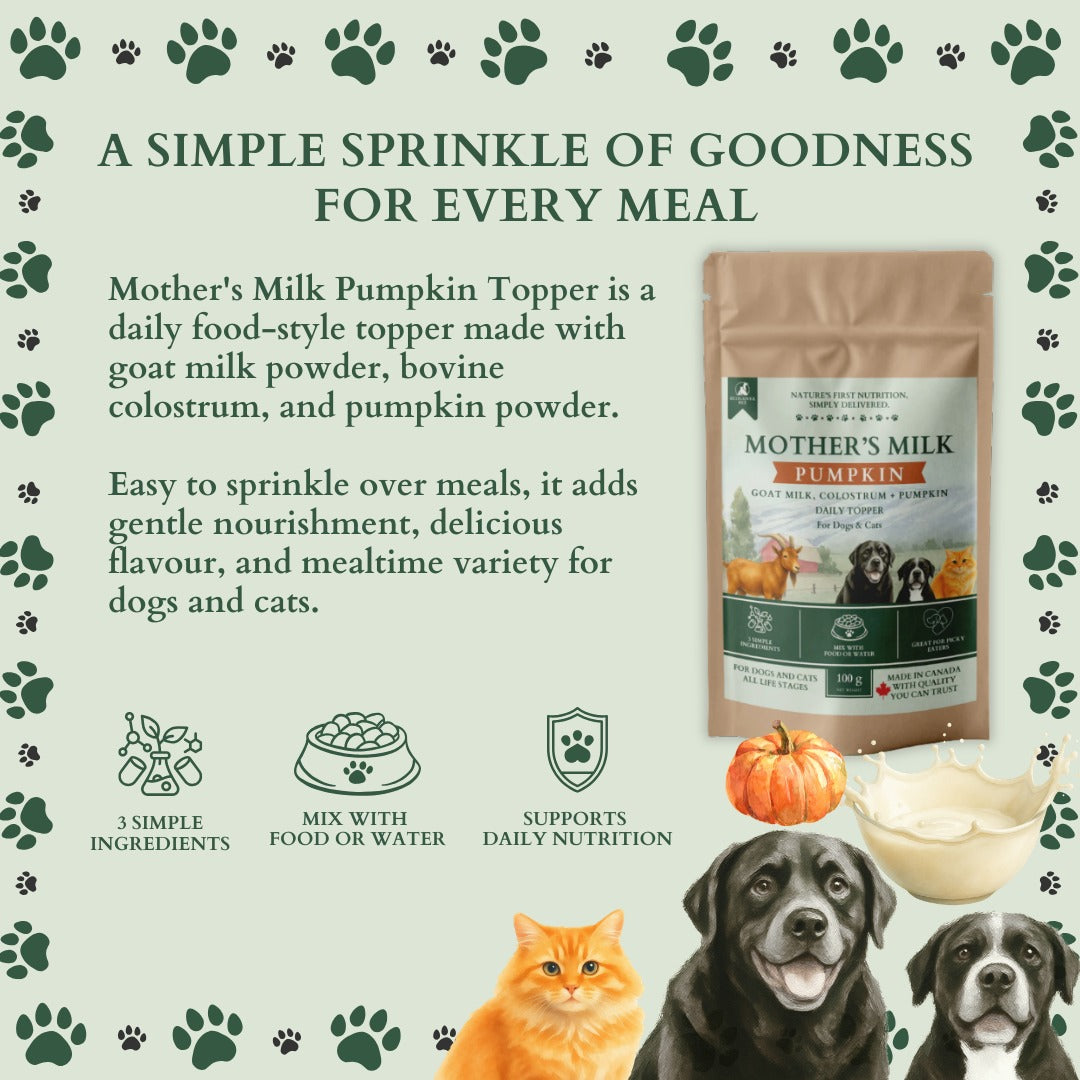 Ecogenya Mother's Milk Pumpkin daily topper pouch on a sage-green graphic, 'A simple sprinkle of goodness for every meal,' showing goat milk and pumpkin ingredients with icons for simple ingredients, mixing with food or water, and daily nutrition, beside a cat and two dogs.