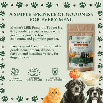 Ecogenya Mother's Milk Pumpkin daily topper pouch on a sage-green graphic, 'A simple sprinkle of goodness for every meal,' showing goat milk and pumpkin ingredients with icons for simple ingredients, mixing with food or water, and daily nutrition, beside a cat and two dogs.