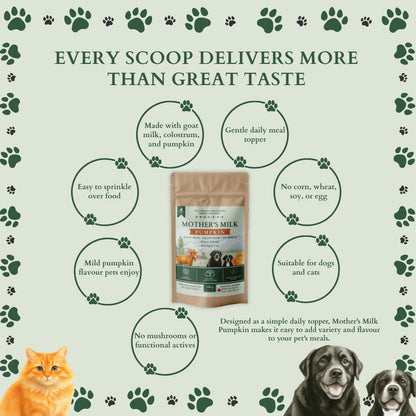 Ecogenya Mother's Milk Pumpkin daily topper pouch on a sage-green graphic headed 'Every scoop delivers more than great taste,' with benefit bubbles for goat milk, colostrum and pumpkin, a gentle daily topper, mild pumpkin flavour, and suitability for dogs and cats, beside a cat and two dogs.