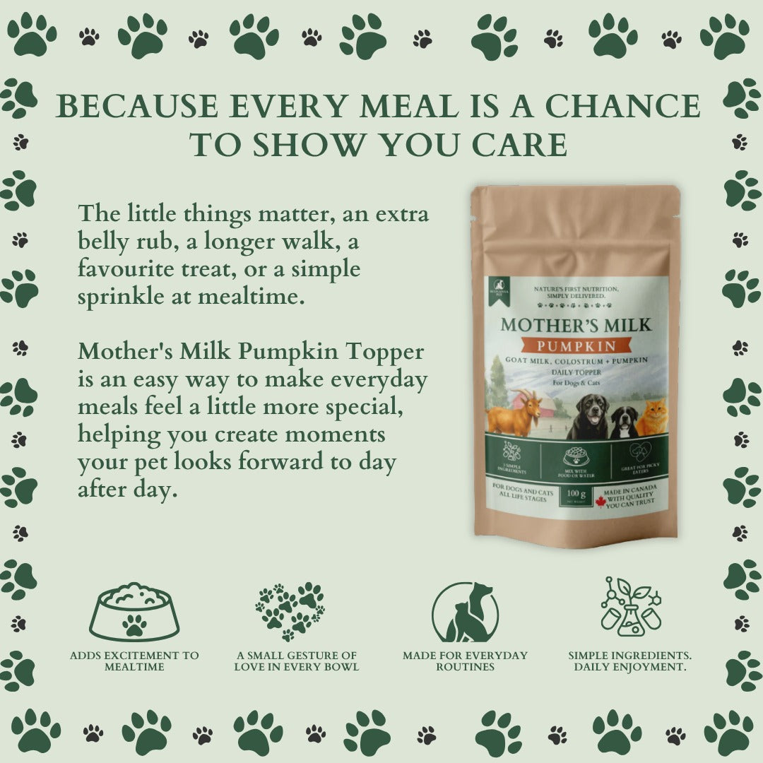 Ecogenya Mother's Milk Pumpkin daily topper pouch on a sage-green graphic, 'Because every meal is a chance to show you care,' with icons for added mealtime excitement, a gesture of love, everyday routines, and simple ingredients.