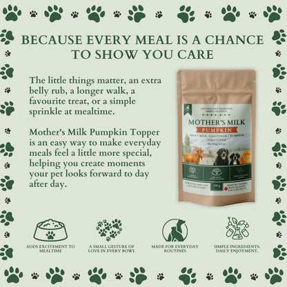 Ecogenya Mother's Milk Pumpkin daily topper pouch on a sage-green graphic, 'Because every meal is a chance to show you care,' with icons for added mealtime excitement, a gesture of love, everyday routines, and simple ingredients.