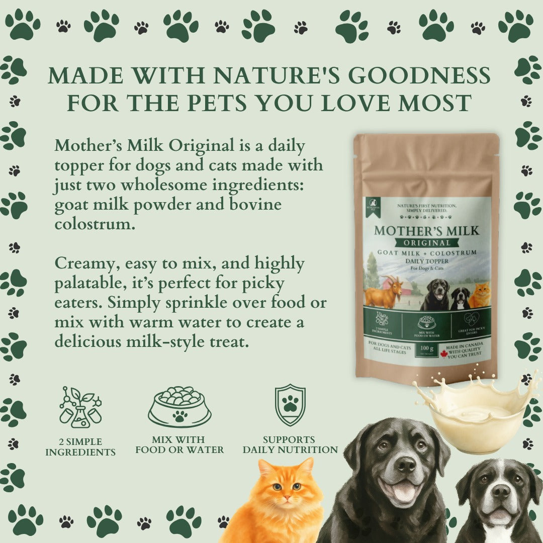 Ecogenya Mother's Milk Original daily topper pouch on a sage-green graphic, 'Made with nature's goodness for the pets you love most,' describing two ingredients—goat milk and colostrum—with icons for simple ingredients, mixing with food or water, and daily nutrition, beside a cat and two dogs.