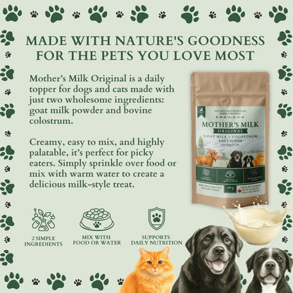Ecogenya Mother's Milk Original daily topper pouch on a sage-green graphic, 'Made with nature's goodness for the pets you love most,' describing two ingredients—goat milk and colostrum—with icons for simple ingredients, mixing with food or water, and daily nutrition, beside a cat and two dogs.