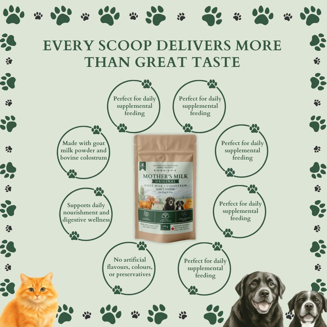 Ecogenya Mother's Milk Original daily topper pouch on a sage-green graphic headed 'Every scoop delivers more than great taste,' with benefit bubbles for goat milk and colostrum, daily nourishment and digestive wellness, and no artificial flavours, colours or preservatives, beside a cat and two dogs.