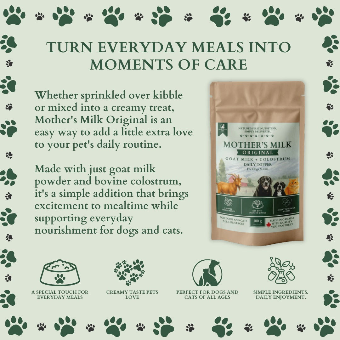 Ecogenya Mother's Milk Original daily topper pouch on a sage-green graphic, 'Turn everyday meals into moments of care,' with icons for a special touch at mealtime, creamy taste, suitability for dogs and cats of all ages, and simple ingredients.