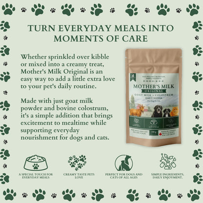 Ecogenya Mother's Milk Original daily topper pouch on a sage-green graphic, 'Turn everyday meals into moments of care,' with icons for a special touch at mealtime, creamy taste, suitability for dogs and cats of all ages, and simple ingredients.