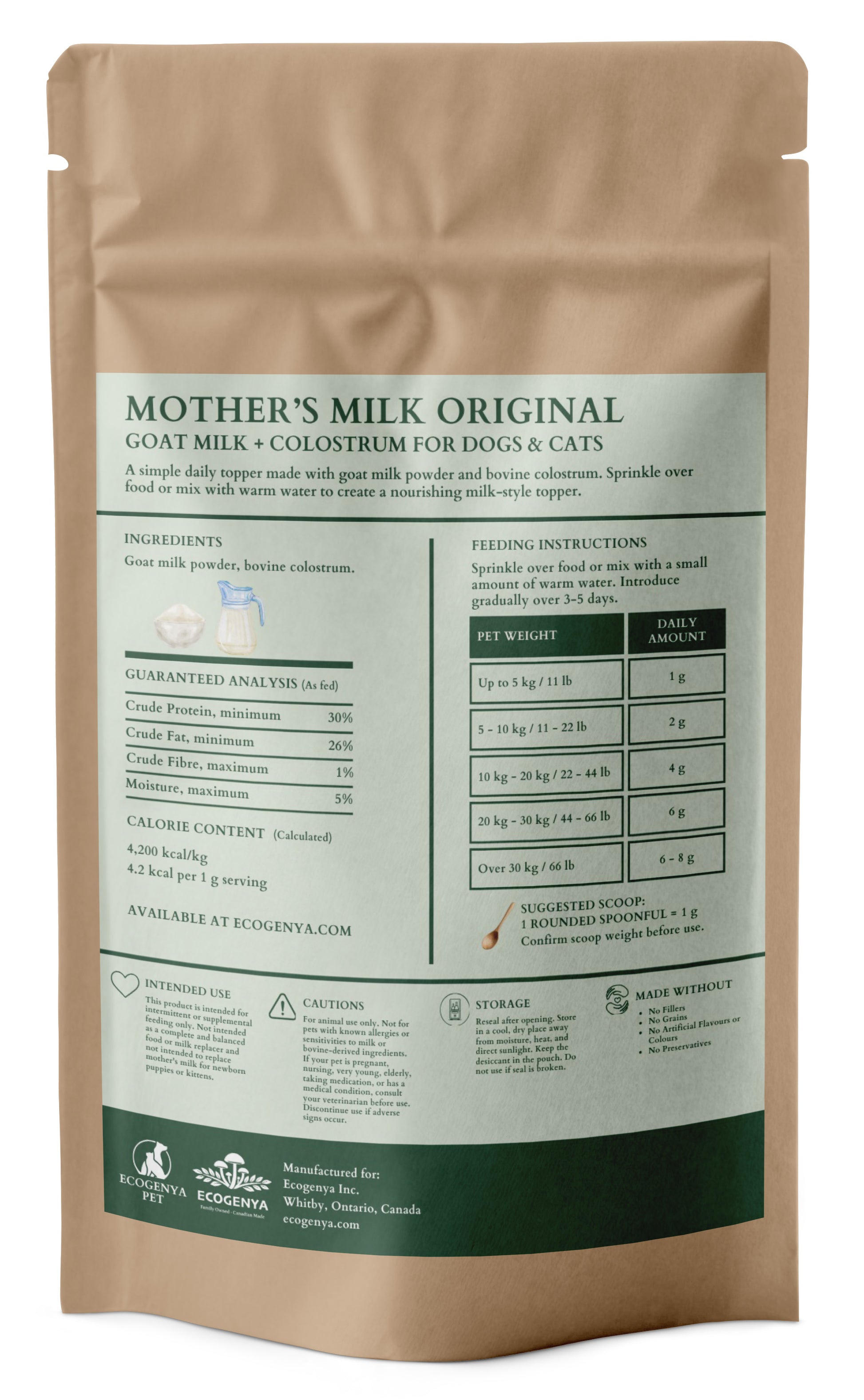 Ecogenya Mother's Milk Goat Milk + Colostrum Topper, 100g — back label, packaged in Canada