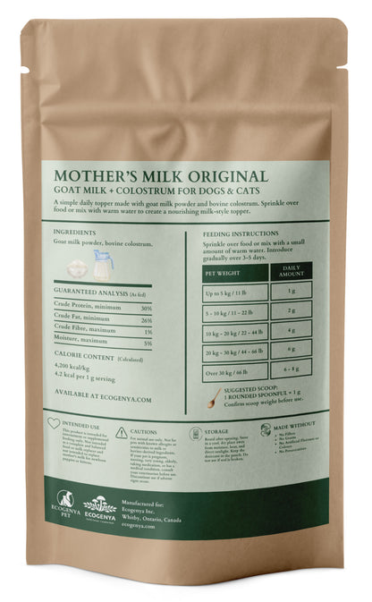 Ecogenya Mother's Milk Goat Milk + Colostrum Topper, 100g — back label, packaged in Canada